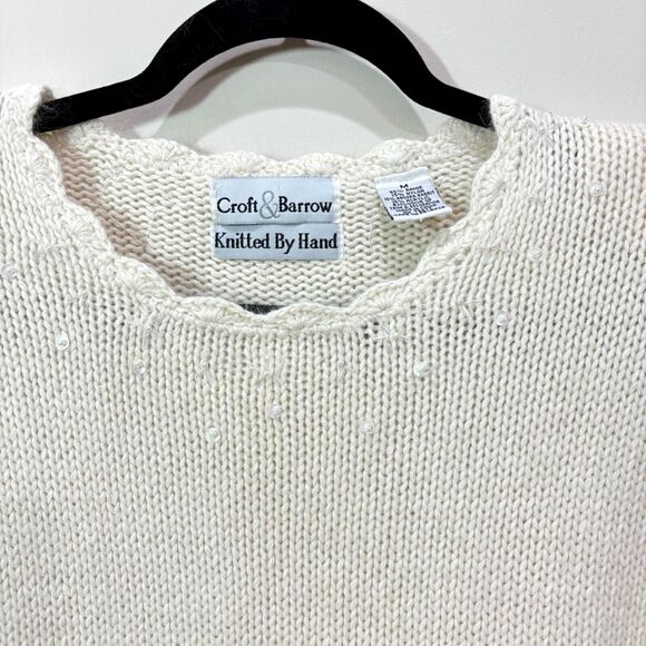 VTG 90s Croft Barrow Hand Knit Chunky Sweater sz M Ivory Ramie Angora Beaded Y2K - Picture 2 of 16